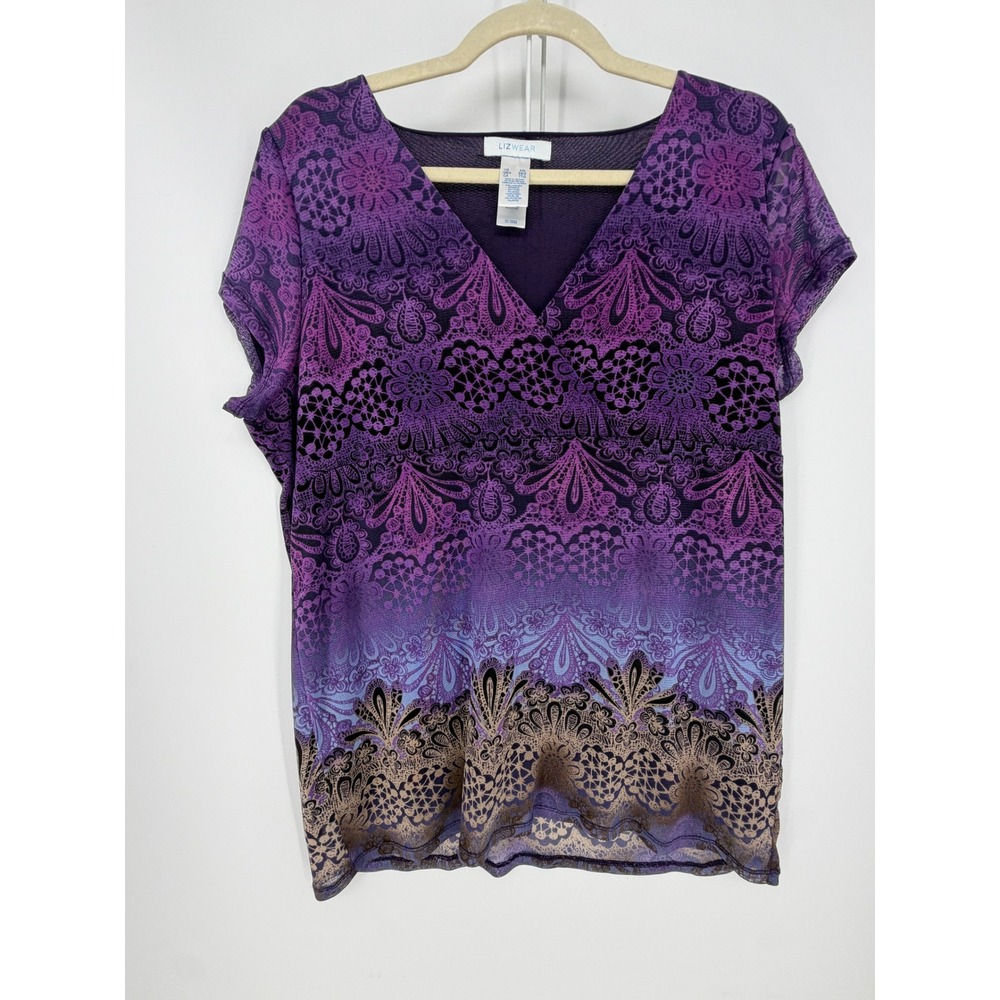 Lizwear Blouse Womens XXL Purple Ombre Paisley Mesh Faux Wrap Whimsigoth Boho